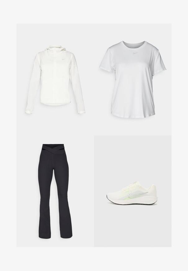 Vit Nike-jacka med huva, hel dragkedja, elastiska ärmslutar och en diskret logotyp på bröstet. Slät textur och lätt design.; Vit T-shirt med kort ärm tillverkad av slätt material, med rund halsringning och en liten grå Nike-logotyp på bröstet.; Svarta, rippade utsvängda byxor med design av korsat midjeband. Tillverkade av elastiskt material för komfort och rörelse.; Nike Performance DOWNSHIFTER 13 - Väglöparskor - sail/silver-coloured photon dust/summit white/barely volt/black