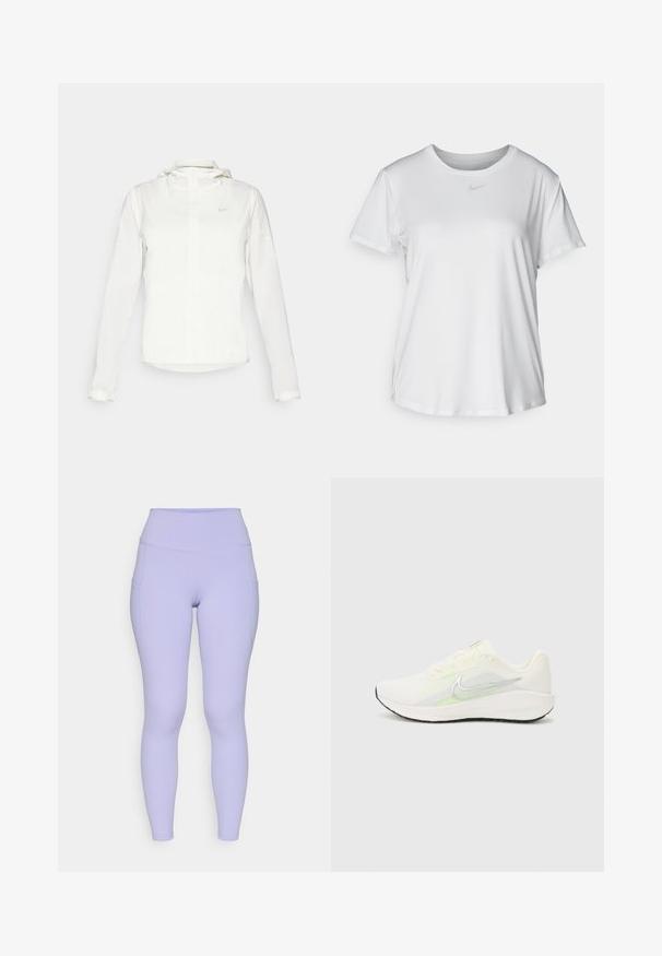 Weiße Nike-Jacke mit Kapuze, durchgehendem Reißverschluss, elastischen Bündchen und einem dezenten Logo auf der Brust. Glatte Textur und leichtes Design.; Weißes T-Shirt mit kurzen Ärmeln aus glattem Stoff, Rundhalsausschnitt und einem kleinen grauen Nike-Logo auf der Brust.; Helllila Leggings mit hoher Taille, hergestellt aus einem dehnbaren Material. Verfügt über zwei seitliche Taschen und glatte Nähte für mehr Komfort.; Nike Performance DOWNSHIFTER 13 - Laufschuh Straße - sail/silver-coloured photon dust/summit white/barely volt/black
