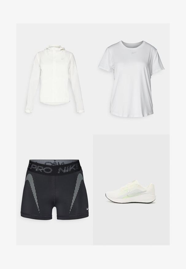 Giacca Nike bianca con cappuccio, zip completa, polsini elasticizzati e un logo discreto sul petto. Texture liscia e design leggero.; T-shirt bianco a maniche corte realizzato in tessuto liscio, con scollatura tonda e un piccolo logo grigio Nike sul petto.; Pantaloni sportivi neri realizzati in tessuto traspirante, dotati di una ampia cintura elastica con logo e motivi a strisce diagonali in grigio.; Nike Performance DOWNSHIFTER 13 - Scarpe da corsa su strada - sail/silver-coloured photon dust/summit white/barely volt/black