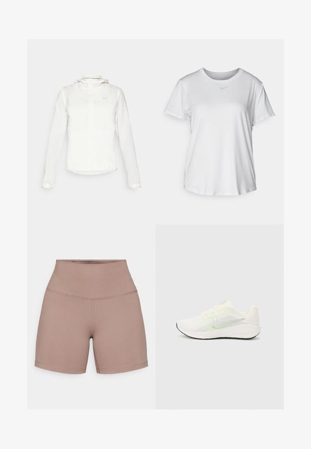 Fehér Nike dzseki kapucnival, teljes cipzárral, rugalmas mandzsettákkal és egy diszkrét logóval a mellkason. Sima textúrájú és könnyű kialakítású.; Fehér, rövid ujjú póló sima anyagból, kerek nyakkivágással és egy kis szürke Nike logóval a mellkason.; Magas derekú, sima, rugalmas anyagból készült nadrágshort, visszafogott barna színben. Laposan varrt varrásokkal és testhezálló kialakítással a kényelemért.; Nike Performance DOWNSHIFTER 13 - Utcai futócipők - sail/silver-coloured photon dust/summit white/barely volt/black