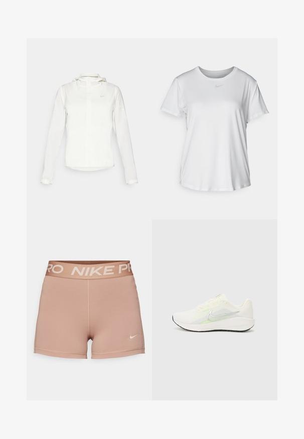 Veste blanche Nike avec capuche, fermeture éclair intégrale, poignets élastiques et un logo discret sur la poitrine. Texture lisse et design léger.; T-shirt blanc à manches courtes en tissu lisse, avec un col rond et un petit logo Nike gris sur la poitrine.; Shorts Nike Pro, beige clair, ceinture élastique avec "NIKE PRO" en beige, tissu lisse, design ajusté, détails de couture minimaux.; Nike Performance DOWNSHIFTER 13 - Chaussures de running sur route - sail/silver-coloured photon dust/summit white/barely volt/black