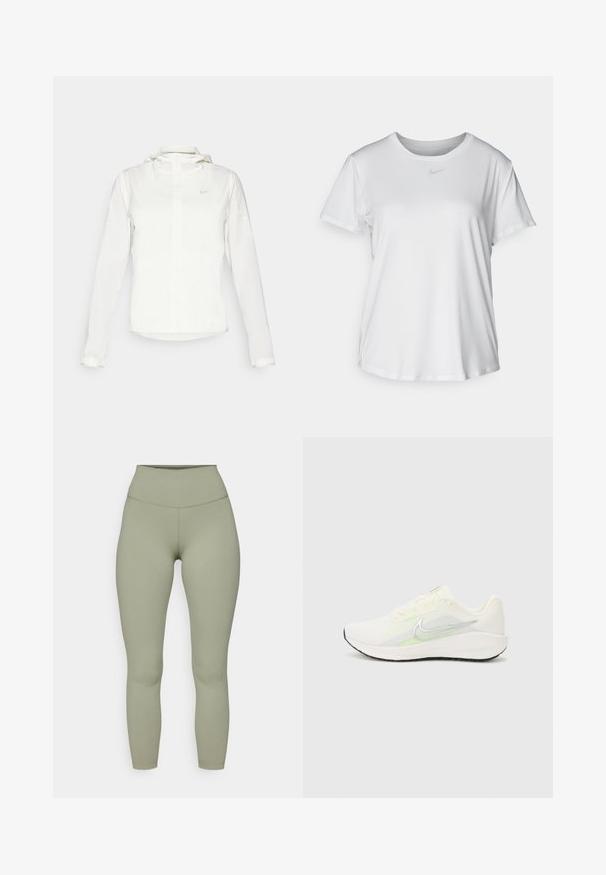 Vit Nike-jacka med huva, hel dragkedja, elastiska ärmslutar och en diskret logotyp på bröstet. Slät textur och lätt design.; Vit T-shirt med kort ärm tillverkad av slätt material, med rund halsringning och en liten grå Nike-logotyp på bröstet.; Höga, kroppsnära leggings i ett mjukt olivgrönt tyg. Slät textur med förstärkta sömmar och utan synliga mönster eller detaljer.; Nike Performance DOWNSHIFTER 13 - Väglöparskor - sail/silver-coloured photon dust/summit white/barely volt/black