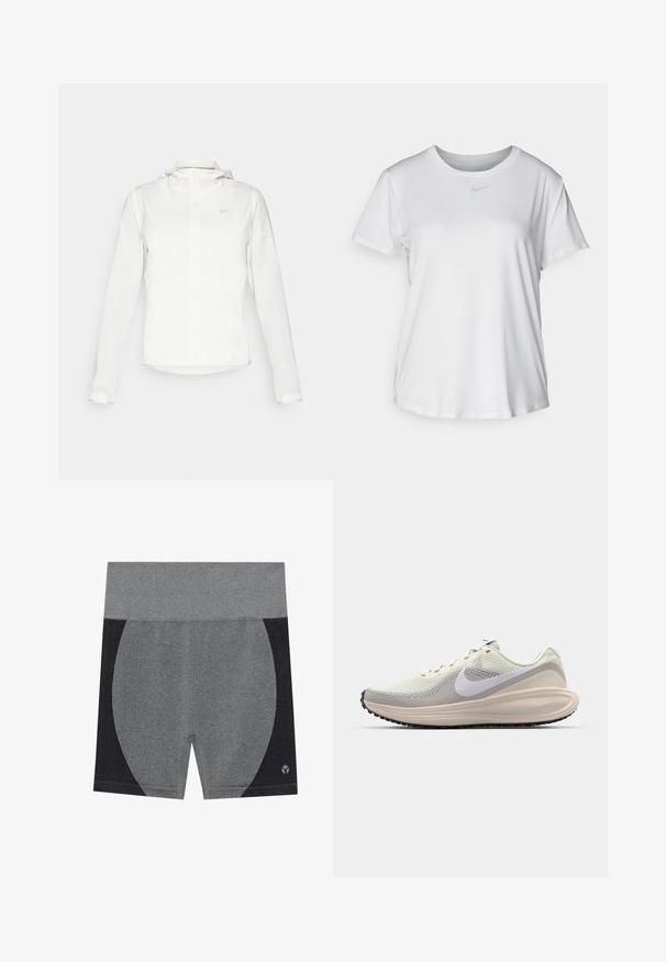 Weiße Nike-Jacke mit Kapuze, durchgehendem Reißverschluss, elastischen Bündchen und einem dezenten Logo auf der Brust. Glatte Textur und leichtes Design.; Weißes T-Shirt mit kurzen Ärmeln aus glattem Stoff, Rundhalsausschnitt und einem kleinen grauen Nike-Logo auf der Brust.; Graue Sportshorts mit einem breiten elastischen Bund. Mit einem strukturierten schwarzen Seitenpanel und einem Logo unten rechts. Glattes Material.; Sneaker mit einem hellgrauen Mesh-Obermaterial, weißem Nike-Swoosh, gepolstertem Zwischensohlen, schlanker Form und schwarzem Gummiaußensohle mit Profil.