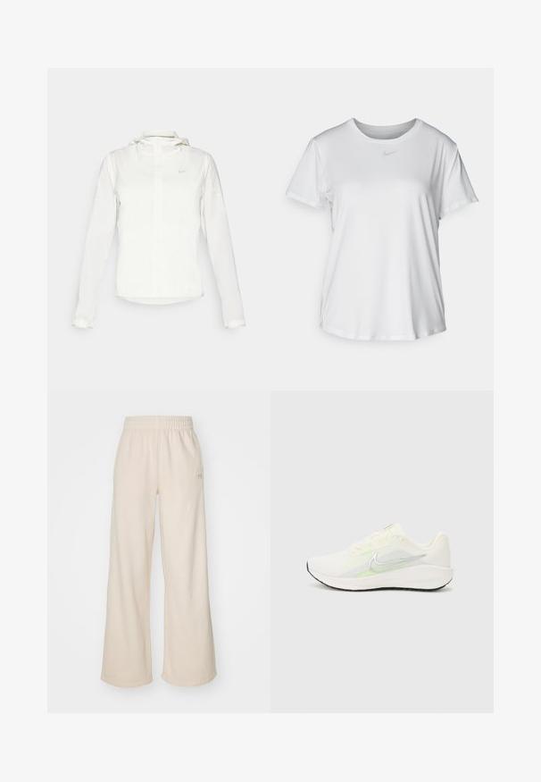 Vit Nike-jacka med huva, hel dragkedja, elastiska ärmslutar och en diskret logotyp på bröstet. Slät textur och lätt design.; Vit T-shirt med kort ärm tillverkad av slätt material, med rund halsringning och en liten grå Nike-logotyp på bröstet.; Krämfärgade vida byxor i mjukt material, med elastisk midja och en liten logodetalj på sidan.; Nike Performance DOWNSHIFTER 13 - Väglöparskor - sail/silver-coloured photon dust/summit white/barely volt/black