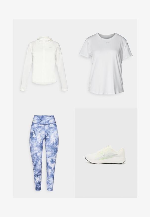 Hvit Nike-jakke med hette, hel glidelås, elastiske mansjetter og en diskret logo på brystet. Glatt tekstur og lett design.; Hvit kortermet T-skjorte laget av glatt stoff, med rund halsringning og en liten grå Nike-logo på brystet.; Tette leggings i et blått tie-dye mønster, laget av elastisk stoff. Har en bred livlinning og en liten merkevarelogo på forsiden.; Nike Performance DOWNSHIFTER 13 - Løpesko for vei - sail/silver-coloured photon dust/summit white/barely volt/black