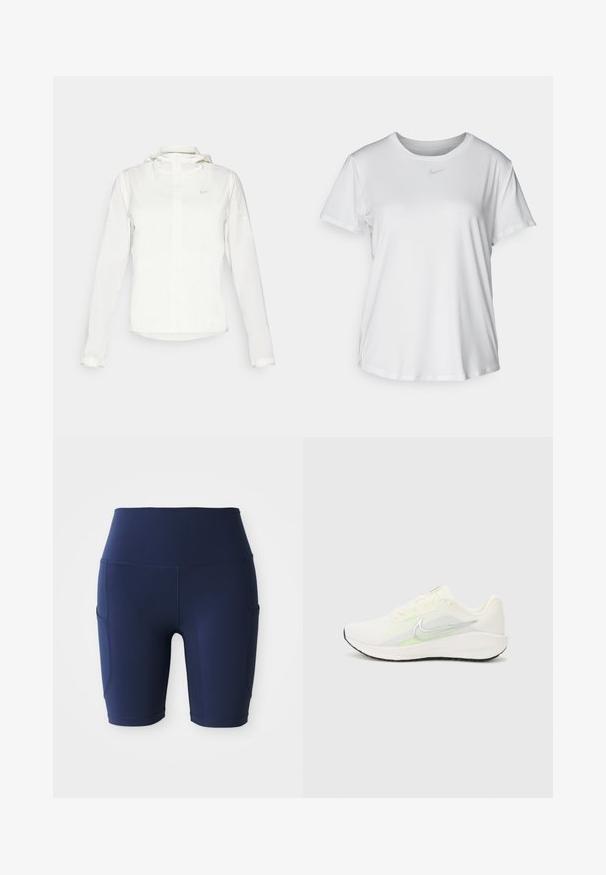 Bílá bunda Nike s kapucí, plným zipem, elastickými manžetami a decentním logem na hrudi. Hladká textura a lehký design.; Bílý krátký rukáv tričko z hladké tkaniny, s kulatým výstřihem a malým šedým logem Nike na hrudi.; Námořnické modré, vysoké cyklistické kraťasy vyrobené z pružné, hladké látky; mají boční kapsy a přiléhavý design.; Nike Performance DOWNSHIFTER 13 - Silniční běžecké boty - sail/silver-coloured photon dust/summit white/barely volt/black