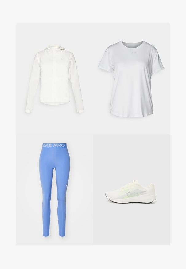 White Nike jacket with a hood, full zip, elastic cuffs, and a subtle logo on the chest. Smooth texture and lightweight design.; White short-sleeve T-shirt made of smooth fabric, featuring a round neckline and a small grey Nike logo on the chest.; Nike Pro leggings, solid light blue, elastic waistband with white "NIKE PRO" text, smooth texture, form-fitting design.; Nike Performance DOWNSHIFTER 13 - Road running shoes - sail/silver-coloured photon dust/summit white/barely volt/black