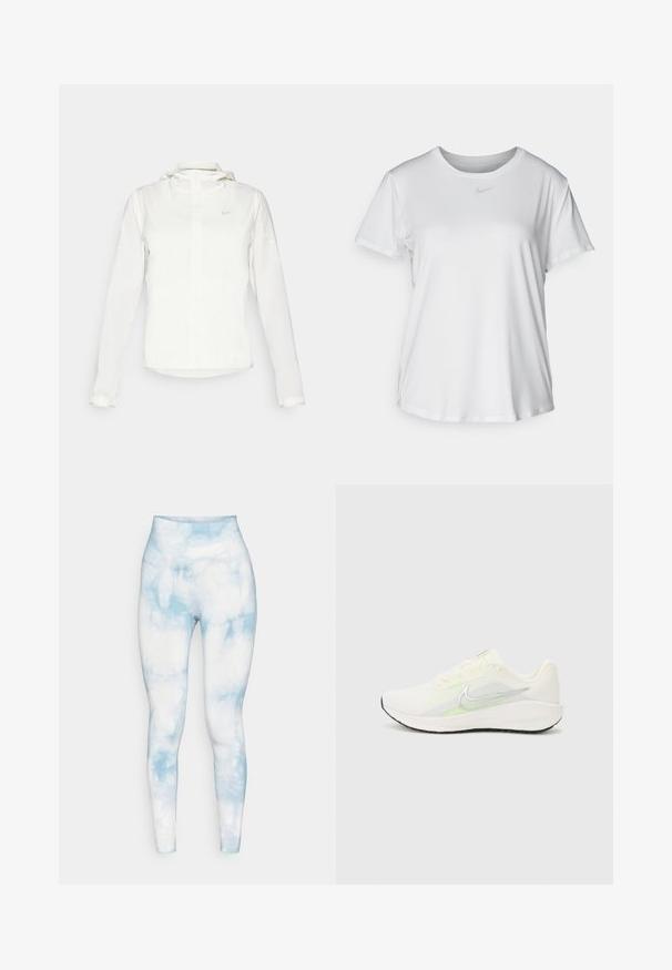 Hvit Nike-jakke med hette, hel glidelås, elastiske mansjetter og en diskret logo på brystet. Glatt tekstur og lett design.; Hvit kortermet T-skjorte laget av glatt stoff, med rund halsringning og en liten grå Nike-logo på brystet.; Yogasearcher GENJI - Tights - sky; Nike Performance DOWNSHIFTER 13 - Løpesko for vei - sail/silver-coloured photon dust/summit white/barely volt/black