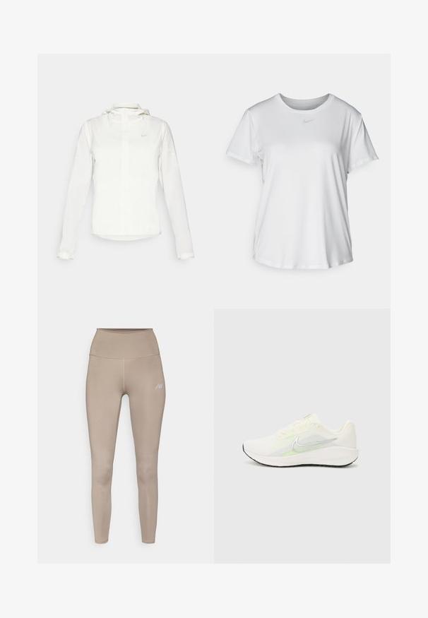 Hvid Nike-jakke med hætte, fuld lynlås, elastiske manchetter og et diskret logo på brystet. Glat tekstur og let design.; Hvid kortærmet T-shirt lavet af glat materiale, med en rund halsudskæring og et lille gråt Nike-logo på brystet.; Beige højtaljede leggings lavet af strækbart materiale, med en diskret logoaccent og en glat, mat overflade.; Nike Performance DOWNSHIFTER 13 - Løbesko til landevejen - sail/silver-coloured photon dust/summit white/barely volt/black