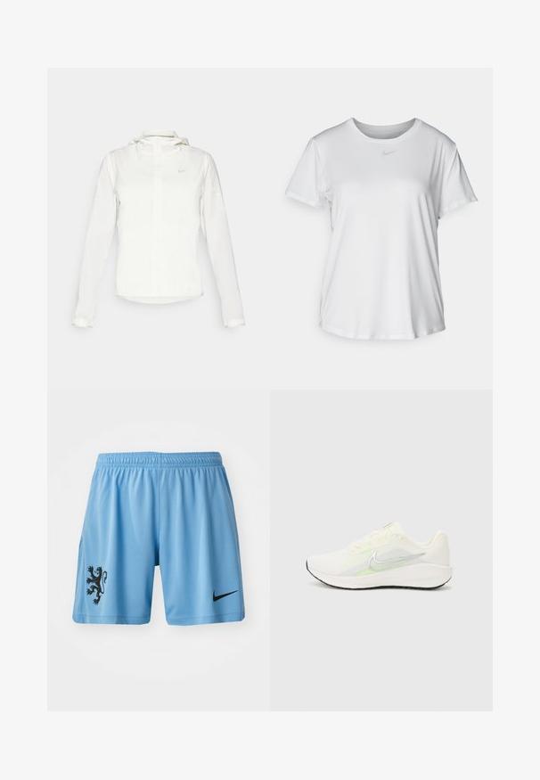 Jachetă albă Nike cu glugă, fermoar pe toată lungimea, manșete elastice și un logo subtil pe piept. Textură netedă și design ușor.; Tricou alb cu mânecă scurtă, confecționat dintr-un material neted, având guler rotund și un mic logo Nike gri pe piept.; Şorturi sport de culoare albastru deschis, realizate dintr-un material respirabil, având un emblema neagră a unui leu pe piciorul stâng și un logo negru Nike pe piciorul drept.; Nike Performance DOWNSHIFTER 13 - Pantofi de alergare pe asfalt - sail/silver-coloured photon dust/summit white/barely volt/black