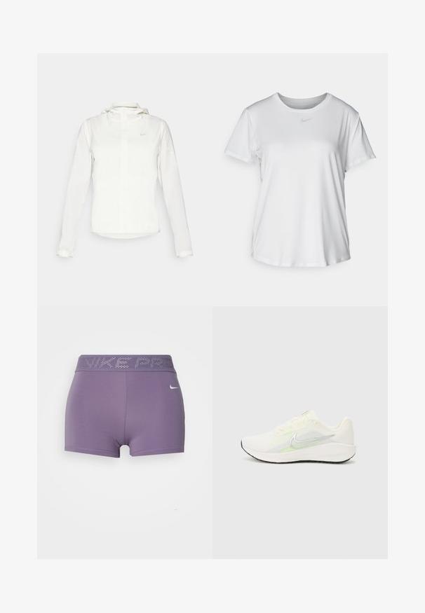 Fehér Nike dzseki kapucnival, teljes cipzárral, rugalmas mandzsettákkal és egy diszkrét logóval a mellkason. Sima textúrájú és könnyű kialakítású.; Fehér, rövid ujjú póló sima anyagból, kerek nyakkivágással és egy kis szürke Nike logóval a mellkason.; Lila sportnadrág, which is tightly fitted, széles, rugalmas derékpánttal, rajta "NIKE PRO" márkázással és sima, elasztikus anyaggal.; Nike Performance DOWNSHIFTER 13 - Utcai futócipők - sail/silver-coloured photon dust/summit white/barely volt/black