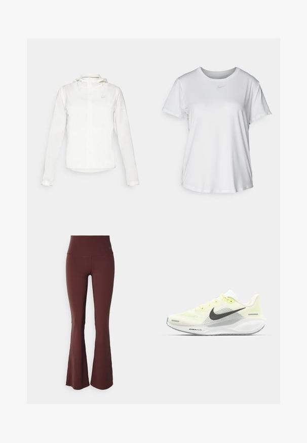 Valkoinen Nike-takki hupulla, täyspitkällä vetoketjulla, joustavilla hihansuilla ja hillityllä logolla rinnassa. Sujuva pinta ja kevyt muotoilu.; Valkoinen lyhythihainen T-paita, joka on valmistettu sileästä kankaasta. Paidoissa on pyöreä kaula-aukko ja rintaan on painettu pieni harmaa Nike-logo.; Bordeaux-huoneen löysät leggingsit korkean vyötärönauhan ja sileän, joustavan kankaan kanssa. Sisältää pienen sinisen logon vasemmalla ylhäällä.; Nike juoksukengät, joissa on vaaleankeltainen ja valkoinen verkko-osa, harmaita yksityiskohtia ja joustava kumipohja. Varusteet nauhakiinnityksellä.