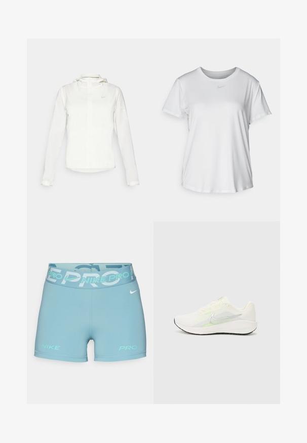 Valkoinen Nike-takki hupulla, täyspitkällä vetoketjulla, joustavilla hihansuilla ja hillityllä logolla rinnassa. Sujuva pinta ja kevyt muotoilu.; Valkoinen lyhythihainen T-paita, joka on valmistettu sileästä kankaasta. Paidoissa on pyöreä kaula-aukko ja rintaan on painettu pieni harmaa Nike-logo.; Nike Performance SHORT - Trikoot - denim turquoise/glacier blue/green frost/white; Nike Performance DOWNSHIFTER 13 - Katujuoksukengät - sail/silver-coloured photon dust/summit white/barely volt/black