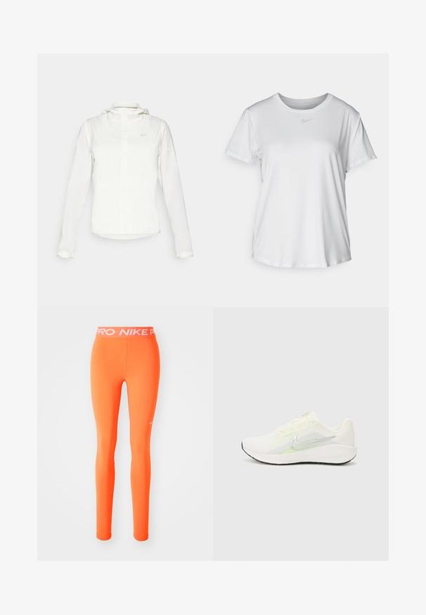 Bela Nike jakna s kapuco, polno zadrgo, elastičnimi manšetami in diskretnim logotipom na prsih. Gladka tekstura in lahko oblikovanje.; Bela kratka majica s kratkimi rokavi, izdelana iz gladkega blaga, z okroglim izrezom in majhnim sivim logotipom Nike na prsih.; Oranžne športne legice s prilegnjenim oblikovanjem, izdelane iz raztegljivega materiala. Imajo bel pas z blagovno znamko in majhen logo na strani.; Nike Performance DOWNSHIFTER 13 - Tekaški copati za cesto - sail/silver-coloured photon dust/summit white/barely volt/black
