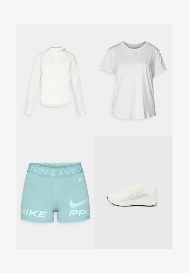 Bílá bunda Nike s kapucí, plným zipem, elastickými manžetami a decentním logem na hrudi. Hladká textura a lehký design.; Bílý krátký rukáv tričko z hladké tkaniny, s kulatým výstřihem a malým šedým logem Nike na hrudi.; Světle modré dámské šortky vyrobené z elastického materiálu, s širokým pasem, na kterém je bílé písmo "NIKE PRO" a logo.; Nike Performance DOWNSHIFTER 13 - Silniční běžecké boty - sail/silver-coloured photon dust/summit white/barely volt/black