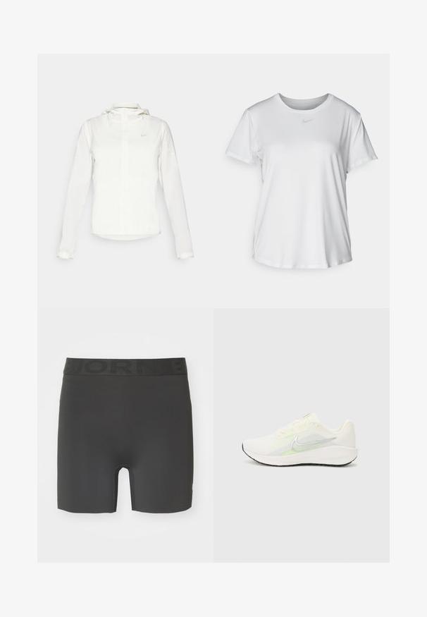 Balta Nike jaka ar kapuci, pilna rāvējslēdzēja, elastīgām piedurknēm un diskrētu logotipu uz krūšu daļas. Gluda tekstūra un viegla konstrukcija.; Balta īsām piedurknēm T-kreklā, kas izgatavota no gludas auduma, ar apaļo kakla izgriezumu un mazu pelēku Nike logo uz krūšu.; Melni sporta šorti, kas izgatavoti no elastīga materiāla. Iespējas ietver elastīgu jostu ar izceltu rakstību un dizainu līdz vidus augšstilbam.; Nike Performance DOWNSHIFTER 13 - Apavi skriešanai pa asfaltu - sail/silver-coloured photon dust/summit white/barely volt/black