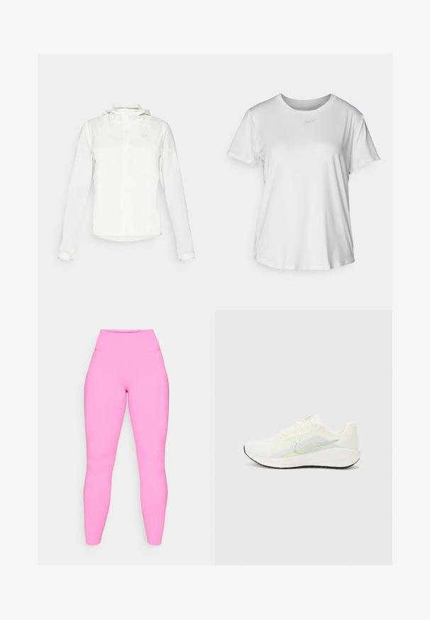 Giacca Nike bianca con cappuccio, zip completa, polsini elasticizzati e un logo discreto sul petto. Texture liscia e design leggero.; T-shirt bianco a maniche corte realizzato in tessuto liscio, con scollatura tonda e un piccolo logo grigio Nike sul petto.; Leggings rosa con vita alta, realizzati in materiale elastico. Presentano tasche laterali e una texture liscia, che si estende fino alla caviglia.; Nike Performance DOWNSHIFTER 13 - Scarpe da corsa su strada - sail/silver-coloured photon dust/summit white/barely volt/black