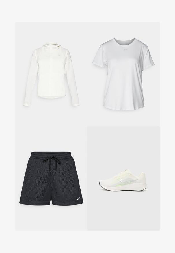 Biała kurtka Nike z kapturem, na zamek błyskawiczny, elastyczne mankiety i subtelne logo na piersi. Gładka tekstura i lekka konstrukcja.; Biała koszulka z krótkim rękawem, uszyta z gładkiego materiału, z okrągłym dekoltem i małym szarym logo Nike na piersi.; Czarne szorty siatkowe z elastycznym paskiem, szczegółem w postaci sznurka oraz małym białym logo Nike na dolnym brzegu.; Nike Performance DOWNSHIFTER 13 biały