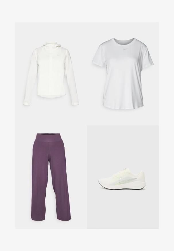 Valkoinen Nike-takki hupulla, täyspitkällä vetoketjulla, joustavilla hihansuilla ja hillityllä logolla rinnassa. Sujuva pinta ja kevyt muotoilu.; Valkoinen lyhythihainen T-paita, joka on valmistettu sileästä kankaasta. Paidoissa on pyöreä kaula-aukko ja rintaan on painettu pieni harmaa Nike-logo.; Yogasearcher RAVANA FLOWY PANTS - Verryttelyhousut - topaze; Nike Performance DOWNSHIFTER 13 - Katujuoksukengät - sail/silver-coloured photon dust/summit white/barely volt/black