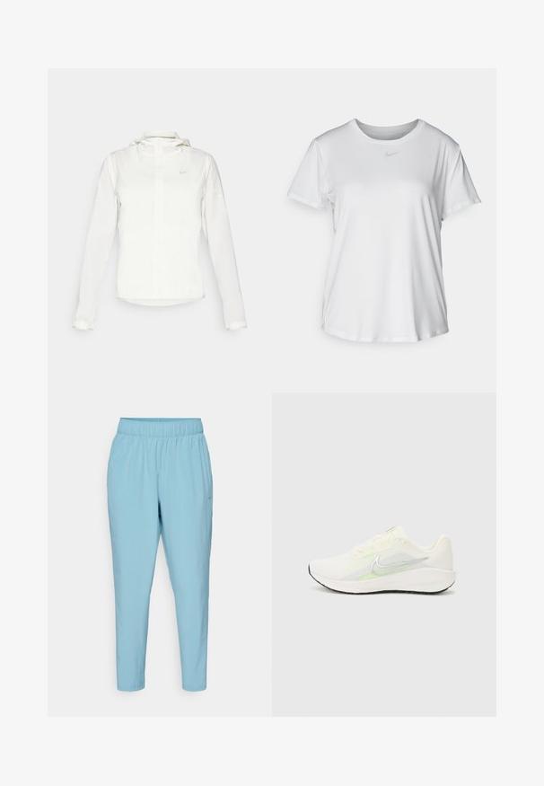 Balta Nike jaka ar kapuci, pilna rāvējslēdzēja, elastīgām piedurknēm un diskrētu logotipu uz krūšu daļas. Gluda tekstūra un viegla konstrukcija.; Balta īsām piedurknēm T-kreklā, kas izgatavota no gludas auduma, ar apaļo kakla izgriezumu un mazu pelēku Nike logo uz krūšu.; Zilu, viegla sporta bikses ar elastīgu jostu, sašaurinātām kājām un mazu logo apakšējā kreisajā pusē.; Nike Performance DOWNSHIFTER 13 - Apavi skriešanai pa asfaltu - sail/silver-coloured photon dust/summit white/barely volt/black