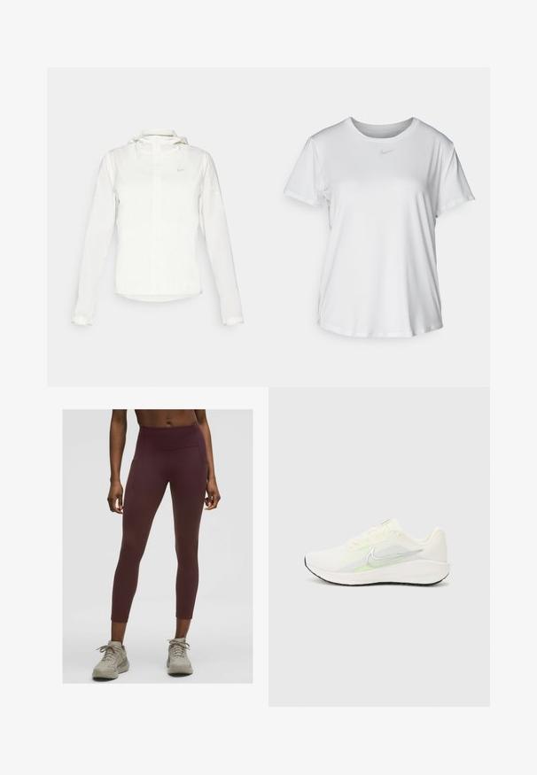 Chaqueta blanca de Nike con capucha, cremallera completa, puños elásticos y un logo sutil en el pecho. Textura suave y diseño ligero.; Camiseta blanca de manga corta hecha de tejido suave, con un escote redondo y un pequeño logo de Nike gris en el pecho.; Leggings burdeos de tiro alto hechos de tejido elástico, con bolsillos laterales y un diseño ajustado que llega hasta los tobillos.; Nike Performance DOWNSHIFTER 13 - Zapatillas running asfalto - sail/silver-coloured photon dust/summit white/barely volt/black