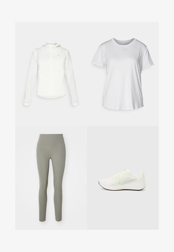 Biela Nike bunda s kapucňou, plným zipsom, elastickými manžetami a jemným logom na hrudi. Hladká textúra a ľahký dizajn.; Biela krátkosrstá tričko s hladkým materiálom, so zaobleným výstrihom a malým šedým logom Nike na hrudi.; Nike Performance ZENVY HR 7/8 - Legíny - light army; Nike Performance DOWNSHIFTER 13 - Cestná bežecká obuv - sail/silver-coloured photon dust/summit white/barely volt/black