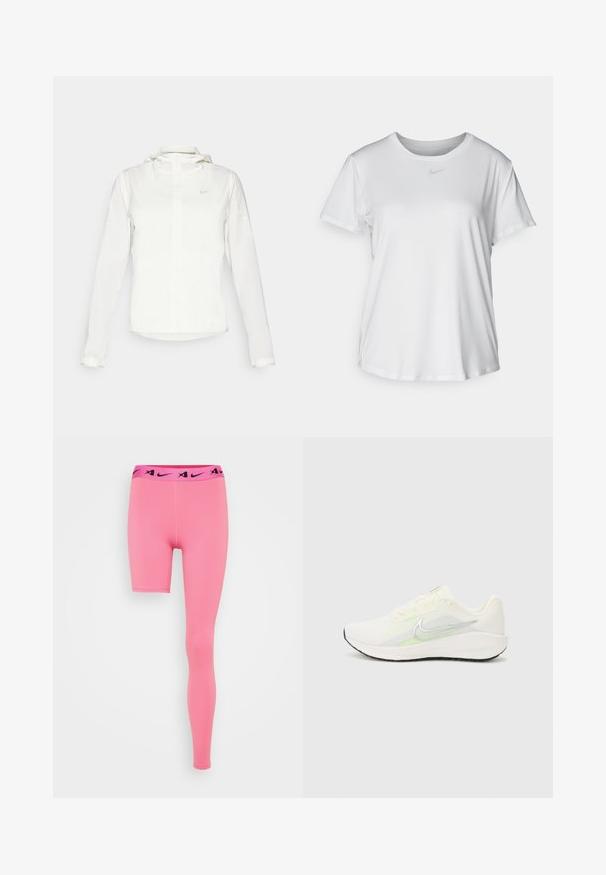 Jachetă albă Nike cu glugă, fermoar pe toată lungimea, manșete elastice și un logo subtil pe piept. Textură netedă și design ușor.; Tricou alb cu mânecă scurtă, confecționat dintr-un material neted, având guler rotund și un mic logo Nike gri pe piept.; Leggings atletice roz cu un tiv negru contrastant care prezintă un logo. Designul include un stil cu lungimi diferite: scurt pe o picior și lung pe celălalt.; Nike Performance DOWNSHIFTER 13 - Pantofi de alergare pe asfalt - sail/silver-coloured photon dust/summit white/barely volt/black