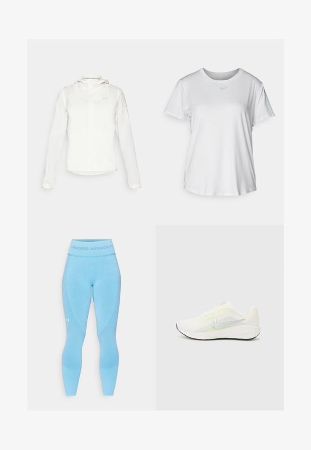 Vit Nike-jacka med huva, hel dragkedja, elastiska ärmslutar och en diskret logotyp på bröstet. Slät textur och lätt design.; Vit T-shirt med kort ärm tillverkad av slätt material, med rund halsringning och en liten grå Nike-logotyp på bröstet.; Ljusblå idrottsleggings med hög midja, texturerade detaljer och "Under Armour"-logotypen i en kontrasterande nyans på midjan och sidan.; Nike Performance DOWNSHIFTER 13 - Väglöparskor - sail/silver-coloured photon dust/summit white/barely volt/black