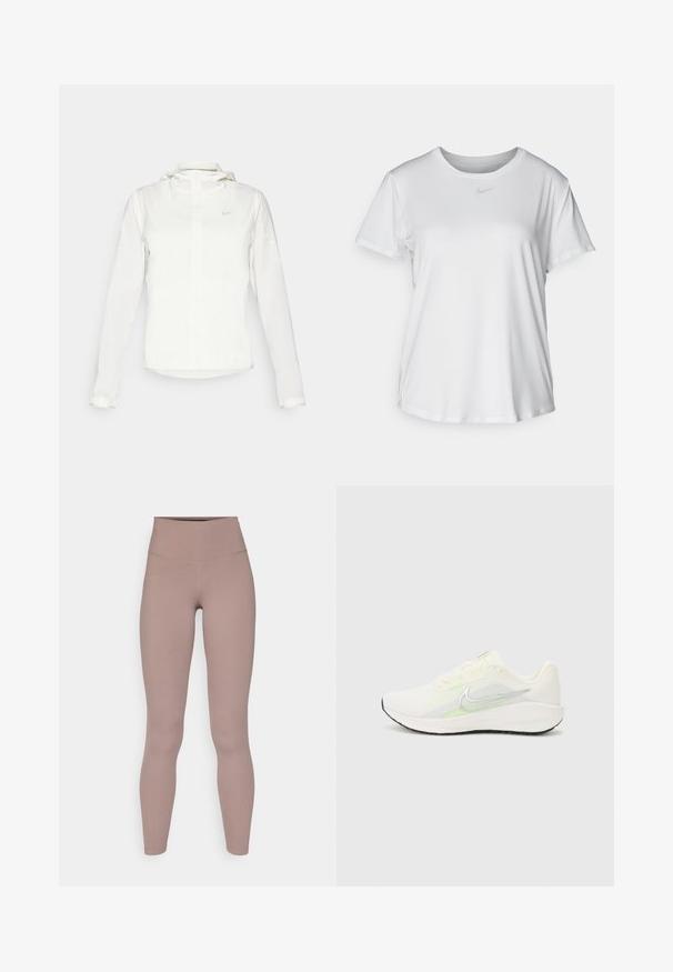 Giacca Nike bianca con cappuccio, zip completa, polsini elasticizzati e un logo discreto sul petto. Texture liscia e design leggero.; T-shirt bianco a maniche corte realizzato in tessuto liscio, con scollatura tonda e un piccolo logo grigio Nike sul petto.; Leggings attivi a vita alta in un colore mauve tenue, realizzati in un tessuto liscio e elasticizzato con un design senza cuciture e senza hardware visibile.; Nike Performance DOWNSHIFTER 13 - Scarpe da corsa su strada - sail/silver-coloured photon dust/summit white/barely volt/black