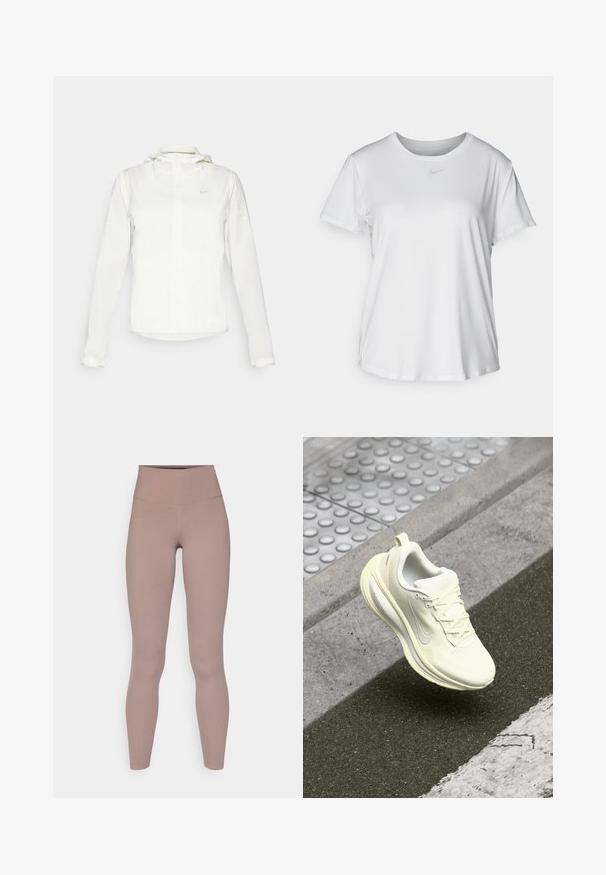 Valge Nike jakker, millel on kapuuts, täispikk tõmblukk, elastsed mansetid ja diskreetne logo rinnal. Sile tekstuur ja kerge disain.; Valge lühikeste varrukatega T-särk, mis on valmistatud siledast kangast, ümarate kaelustega ning mille rinnal on väike hall Nike logo.; Kõrgelt talje aktiivsed retuusid tuhmis maasikavärvis, valmistatud siledast ja venivast kangast, ilma õmblusteta kujunduse ja nähtavate komponentideta.; Valge jooksujalats tekstureeritud pealispinnaga, võrgusilmast paneelid, sidumispaelad ja pehmendusega tald. Omab peegeldavat aksenti ja kerget kumerust.