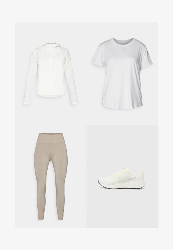 Giacca Nike bianca con cappuccio, zip completa, polsini elasticizzati e un logo discreto sul petto. Texture liscia e design leggero.; T-shirt bianco a maniche corte realizzato in tessuto liscio, con scollatura tonda e un piccolo logo grigio Nike sul petto.; Leggings beige con vita alta, realizzati in materiale liscio ed elastico. Presentano un design aderente e affusolato, senza modelli visibili o minuterie.; Nike Performance DOWNSHIFTER 13 - Scarpe da corsa su strada - sail/silver-coloured photon dust/summit white/barely volt/black