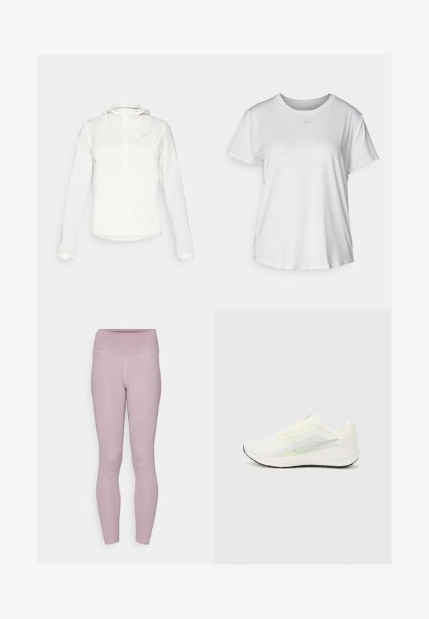 Biała kurtka Nike z kapturem, na zamek błyskawiczny, elastyczne mankiety i subtelne logo na piersi. Gładka tekstura i lekka konstrukcja.; Biała koszulka z krótkim rękawem, uszyta z gładkiego materiału, z okrągłym dekoltem i małym szarym logo Nike na piersi.; Jasnofioletowe legginsy sportowe z wysokim stanem, o gładkiej fakturze i kontrastowym przeszyciu. Posiadają małe logo na udzie.; Nike Performance DOWNSHIFTER 13 biały
