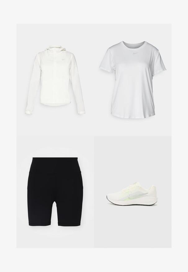 Giacca Nike bianca con cappuccio, zip completa, polsini elasticizzati e un logo discreto sul petto. Texture liscia e design leggero.; T-shirt bianco a maniche corte realizzato in tessuto liscio, con scollatura tonda e un piccolo logo grigio Nike sul petto.; Pantaloni sportivi neri con una texture liscia, lunghezza a metà coscia, vita alta e tasche laterali. Design semplice, senza motivi o decorazioni visibili.; Nike Performance DOWNSHIFTER 13 - Scarpe da corsa su strada - sail/silver-coloured photon dust/summit white/barely volt/black