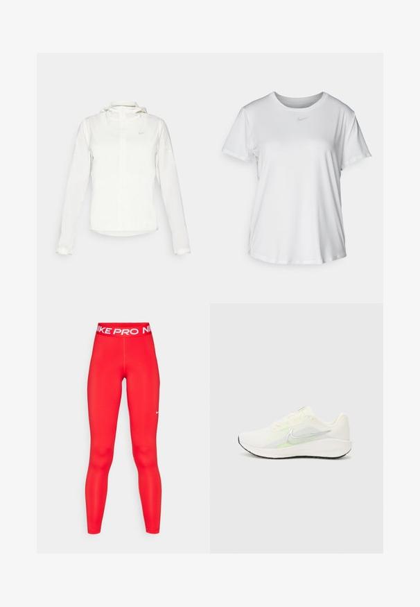 Giacca Nike bianca con cappuccio, zip completa, polsini elasticizzati e un logo discreto sul petto. Texture liscia e design leggero.; T-shirt bianco a maniche corte realizzato in tessuto liscio, con scollatura tonda e un piccolo logo grigio Nike sul petto.; I leggings Nike Pro rossi presentano una vita alta con branding bianco, un tessuto liscio ed elastico, e un design aderente che si adatta alle gambe.; Nike Performance DOWNSHIFTER 13 - Scarpe da corsa su strada - sail/silver-coloured photon dust/summit white/barely volt/black