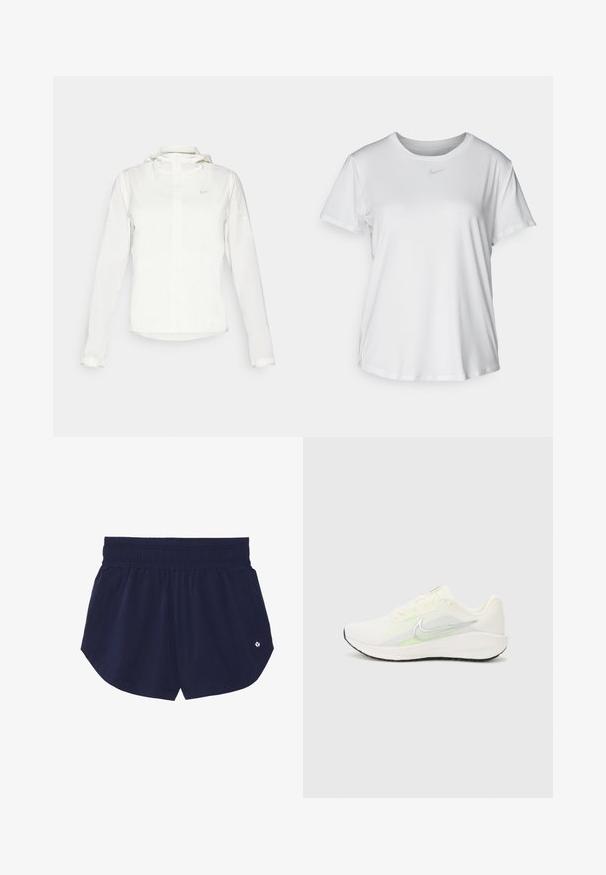 Chaqueta blanca de Nike con capucha, cremallera completa, puños elásticos y un logo sutil en el pecho. Textura suave y diseño ligero.; Camiseta blanca de manga corta hecha de tejido suave, con un escote redondo y un pequeño logo de Nike gris en el pecho.; Pantalones cortos deportivos azul marino con cintura elástica, dos bolsillos laterales y un pequeño detalle de logo en la parte inferior derecha. Textura de tela suave.; Nike Performance DOWNSHIFTER 13 - Zapatillas running asfalto - sail/silver-coloured photon dust/summit white/barely volt/black