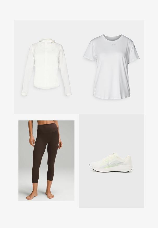 Vit Nike-jacka med huva, hel dragkedja, elastiska ärmslutar och en diskret logotyp på bröstet. Slät textur och lätt design.; Vit T-shirt med kort ärm tillverkad av slätt material, med rund halsringning och en liten grå Nike-logotyp på bröstet.; lululemon Align™ High-Rise Crop 58" - Tights - espresso; Nike Performance DOWNSHIFTER 13 - Väglöparskor - sail/silver-coloured photon dust/summit white/barely volt/black