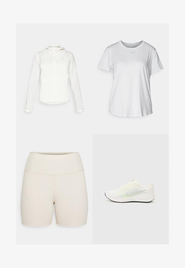 Valge Nike jakker, millel on kapuuts, täispikk tõmblukk, elastsed mansetid ja diskreetne logo rinnal. Sile tekstuur ja kerge disain.; Valge lühikeste varrukatega T-särk, mis on valmistatud siledast kangast, ümarate kaelustega ning mille rinnal on väike hall Nike logo.; Beez ribiga püksid kõrge vöökohaga. Sile tekstuur, lähedane disain ja keskmise reie pikkus. Pole nähtavaid metallosi ega mustreid.; Nike Performance DOWNSHIFTER 13 - Maanteejooksu jalatsid - sail/silver-coloured photon dust/summit white/barely volt/black