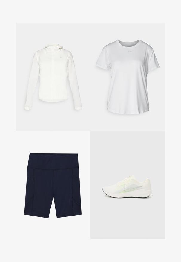Witte Nike-jack met een capuchon, volledige rits, elastische manchetten en een subtiele logo op de borst. Gladde textuur en lichtgewicht ontwerp.; Witte T-shirt met korte mouwen van gladde stof, met een ronde halslijn en een klein grijs Nike-logo op de borst.; Navyblauwe sportshorts met een gladde textuur, brede tailleband en twee zijzakken. Kenmerkt zich door contrasterende stikseldetails en een aansluitende pasvorm.; Nike Performance DOWNSHIFTER 13 - Hardloopschoenen voor op de weg - sail/silver-coloured photon dust/summit white/barely volt/black