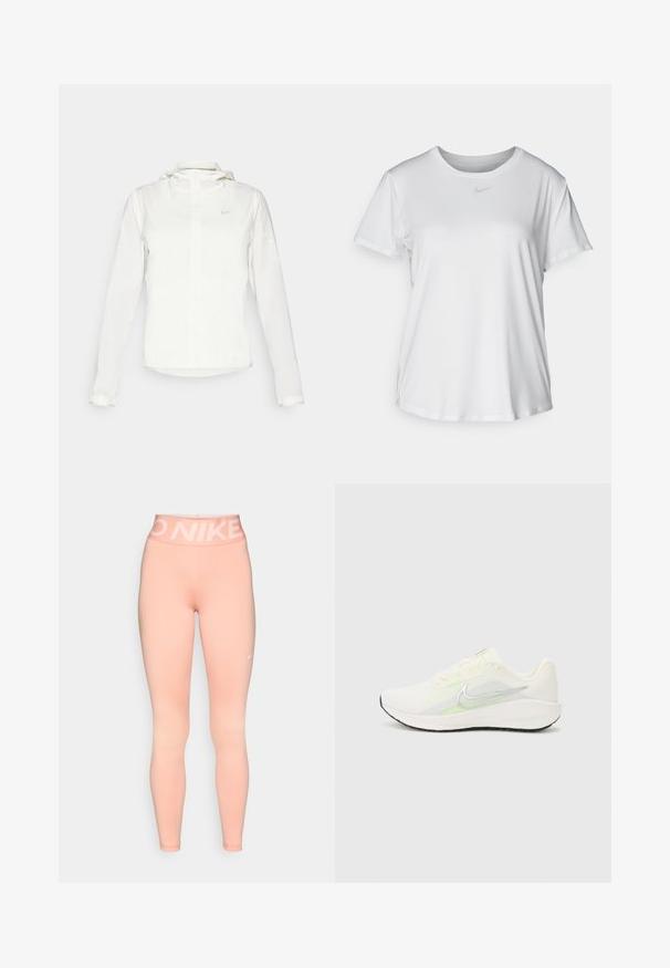 Giacca Nike bianca con cappuccio, zip completa, polsini elasticizzati e un logo discreto sul petto. Texture liscia e design leggero.; T-shirt bianco a maniche corte realizzato in tessuto liscio, con scollatura tonda e un piccolo logo grigio Nike sul petto.; Leggings Nike rosa con una vita alta e un logo bianco. Il tessuto è liscio con una silhouette aderente, adatti per l'abbigliamento sportivo.; Nike Performance DOWNSHIFTER 13 - Scarpe da corsa su strada - sail/silver-coloured photon dust/summit white/barely volt/black