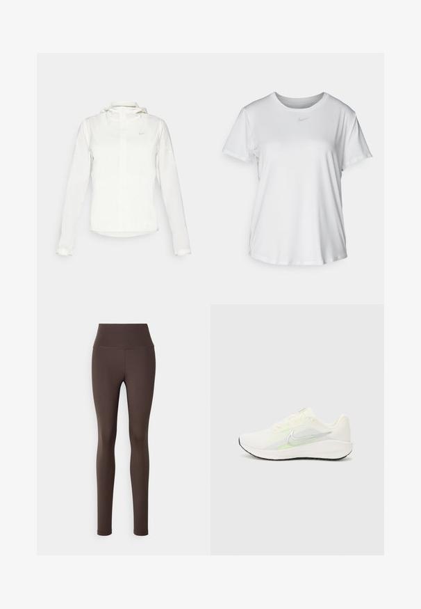 Giacca Nike bianca con cappuccio, zip completa, polsini elasticizzati e un logo discreto sul petto. Texture liscia e design leggero.; T-shirt bianco a maniche corte realizzato in tessuto liscio, con scollatura tonda e un piccolo logo grigio Nike sul petto.; Leggings marroni a vita alta realizzati in tessuto elasticizzato, caratterizzati da una texture liscia e una silhouette aderente, senza motivi visibili o metalleria.; Nike Performance DOWNSHIFTER 13 - Scarpe da corsa su strada - sail/silver-coloured photon dust/summit white/barely volt/black
