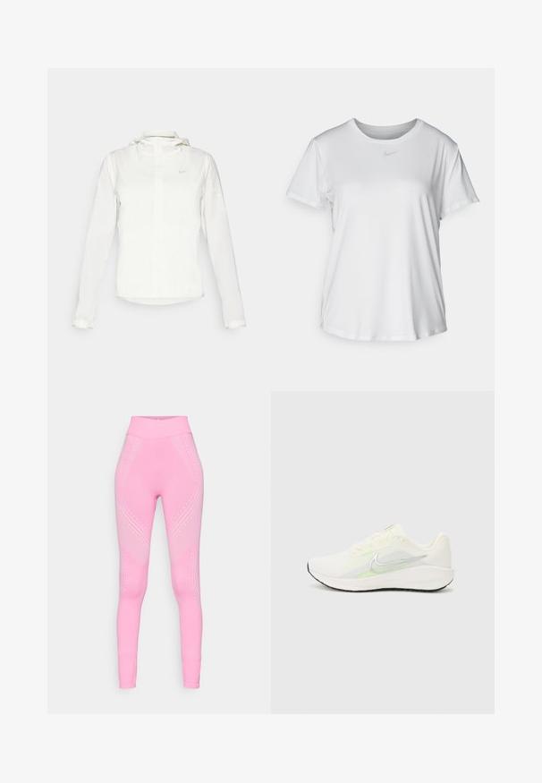 Bijela Nike jakna s kapuljačom, punim zatvaračem, elastičnim manžetama i suptilnim logotipom na prsima. Glatka textura i lagan dizajn.; Bijela majica kratkih rukava od glatkog materijala, s okruglim izrezom i malim sivim Nike logom na prsima.; Roze atletske tajice s visokim strukom, koje imaju suptilne valovite uzorke i točkaste akcentne detalje uz strane. Mekani, rastezljivi materijal.; Nike Performance DOWNSHIFTER 13 - Tenisice za cestovno trčanje - sail/silver-coloured photon dust/summit white/barely volt/black
