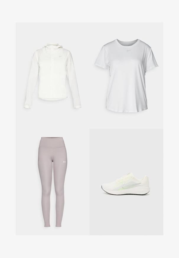 Valkoinen Nike-takki hupulla, täyspitkällä vetoketjulla, joustavilla hihansuilla ja hillityllä logolla rinnassa. Sujuva pinta ja kevyt muotoilu.; Valkoinen lyhythihainen T-paita, joka on valmistettu sileästä kankaasta. Paidoissa on pyöreä kaula-aukko ja rintaan on painettu pieni harmaa Nike-logo.; Under Armour MOTION LEGGING - Trikoot - tetra gray/white; Nike Performance DOWNSHIFTER 13 - Katujuoksukengät - sail/silver-coloured photon dust/summit white/barely volt/black