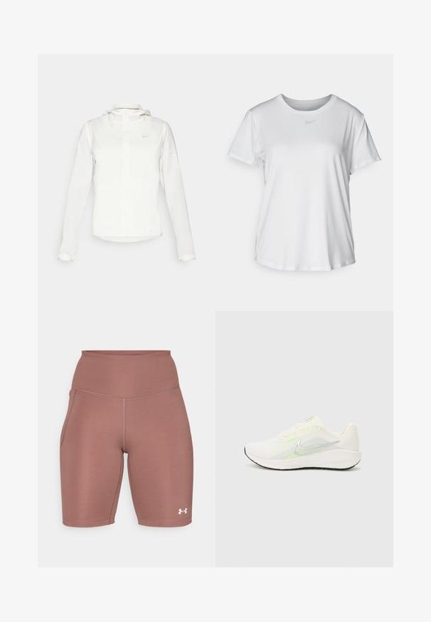 Fehér Nike dzseki kapucnival, teljes cipzárral, rugalmas mandzsettákkal és egy diszkrét logóval a mellkason. Sima textúrájú és könnyű kialakítású.; Fehér, rövid ujjú póló sima anyagból, kerek nyakkivágással és egy kis szürke Nike logóval a mellkason.; Magas derekú sportos rövidnadrág finom rózsaszín árnyalatban. Simító, rugalmas anyagból készült, oldalsó zsebbel és fehér logóval a szegély közelében.; Nike Performance DOWNSHIFTER 13 - Utcai futócipők - sail/silver-coloured photon dust/summit white/barely volt/black