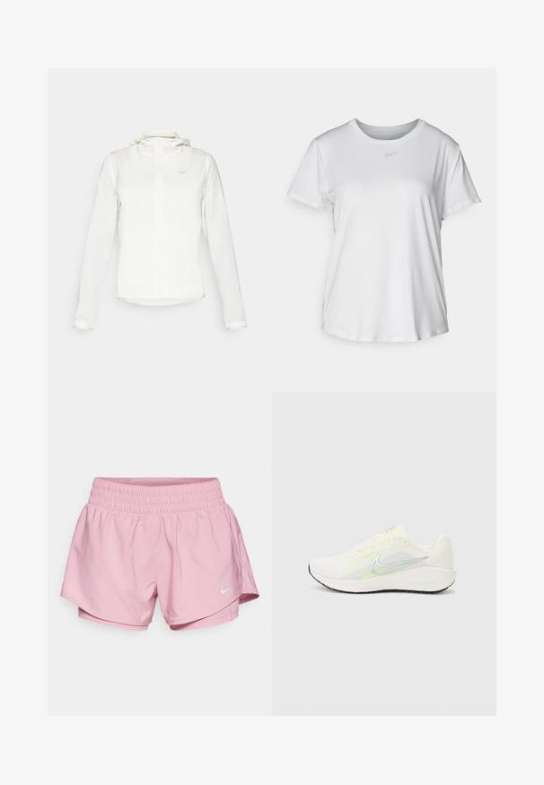 Valge Nike jakker, millel on kapuuts, täispikk tõmblukk, elastsed mansetid ja diskreetne logo rinnal. Sile tekstuur ja kerge disain.; Valge lühikeste varrukatega T-särk, mis on valmistatud siledast kangast, ümarate kaelustega ning mille rinnal on väike hall Nike logo.; Nike Performance ONE - Lühikesed kaks-ühes jooksupüksid - elemental pink/reflective silver; Nike Performance DOWNSHIFTER 13 - Maanteejooksu jalatsid - sail/silver-coloured photon dust/summit white/barely volt/black