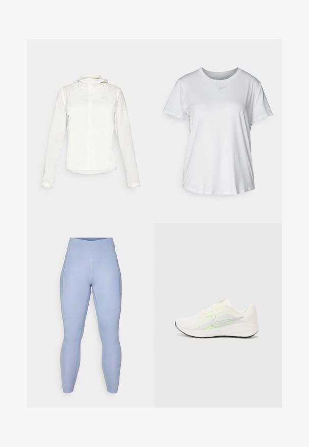 Biała kurtka Nike z kapturem, na zamek błyskawiczny, elastyczne mankiety i subtelne logo na piersi. Gładka tekstura i lekka konstrukcja.; Biała koszulka z krótkim rękawem, uszyta z gładkiego materiału, z okrągłym dekoltem i małym szarym logo Nike na piersi.; Jasno-niebieskie legginsy sportowe z wysokim stanem, z bocznymi kieszeniami i gładkim, elastycznym materiałem zapewniającym komfort i swobodę ruchów.; Nike Performance DOWNSHIFTER 13 biały