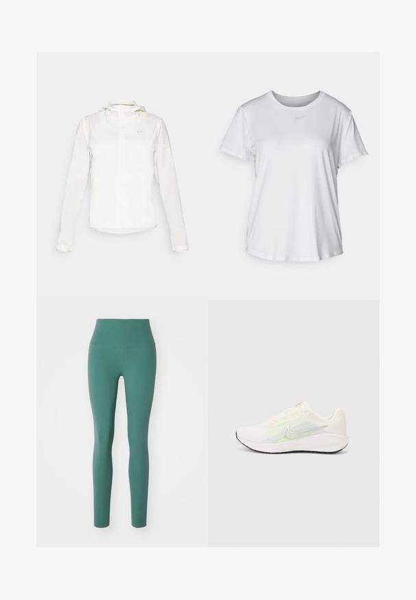 Giacca Nike bianca con cappuccio, zip completa, polsini elasticizzati e un logo discreto sul petto. Texture liscia e design leggero.; T-shirt bianco a maniche corte realizzato in tessuto liscio, con scollatura tonda e un piccolo logo grigio Nike sul petto.; Leggings a vita alta in un colore teal uniforme, realizzati in tessuto elasticizzato con una texture liscia, caratterizzati da un design aderente e senza cuciture visibili.; Nike Performance DOWNSHIFTER 13 - Scarpe da corsa su strada - sail/silver-coloured photon dust/summit white/barely volt/black