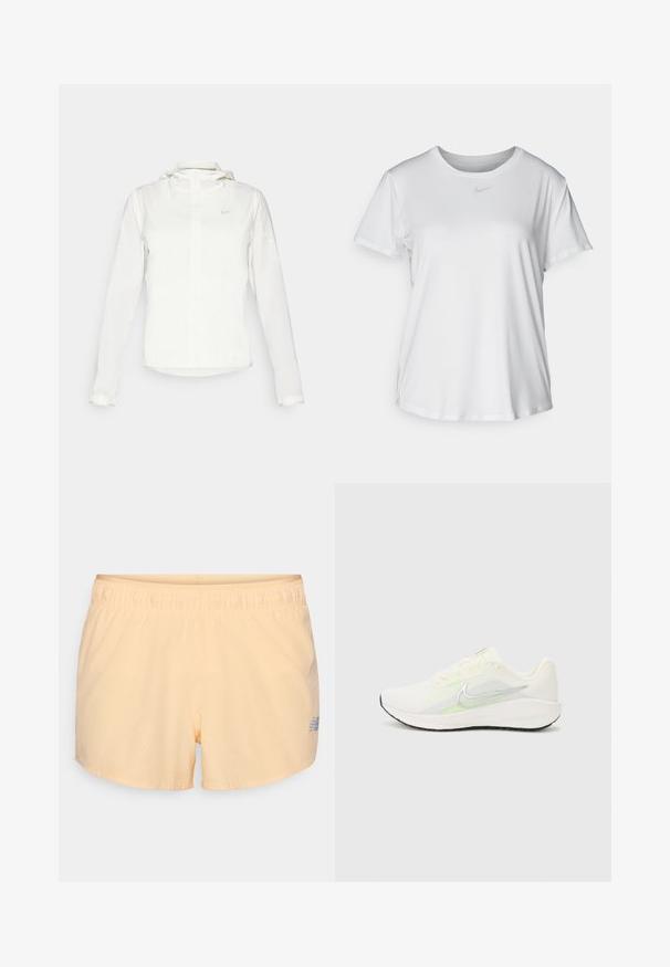 Valkoinen Nike-takki hupulla, täyspitkällä vetoketjulla, joustavilla hihansuilla ja hillityllä logolla rinnassa. Sujuva pinta ja kevyt muotoilu.; Valkoinen lyhythihainen T-paita, joka on valmistettu sileästä kankaasta. Paidoissa on pyöreä kaula-aukko ja rintaan on painettu pieni harmaa Nike-logo.; Vaalean persikan väriset urheilushortsit, joissa on joustava vyötärö, rei'itetty pinta ja pieni heijastava logo vasemmalla alareunassa.; Nike Performance DOWNSHIFTER 13 - Katujuoksukengät - sail/silver-coloured photon dust/summit white/barely volt/black