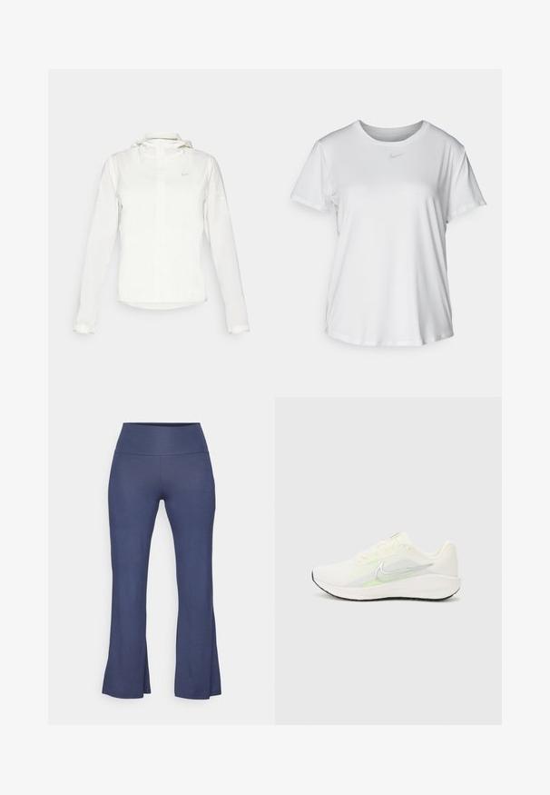 Veste blanche Nike avec capuche, fermeture éclair intégrale, poignets élastiques et un logo discret sur la poitrine. Texture lisse et design léger.; T-shirt blanc à manches courtes en tissu lisse, avec un col rond et un petit logo Nike gris sur la poitrine.; Yogasearcher JAIPUR FLARE PANTS - Pantalon de survêtement - navy; Nike Performance DOWNSHIFTER 13 - Chaussures de running sur route - sail/silver-coloured photon dust/summit white/barely volt/black