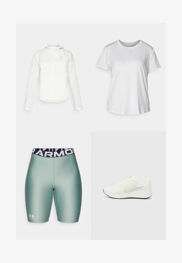 Bílá bunda Nike s kapucí, plným zipem, elastickými manžetami a decentním logem na hrudi. Hladká textura a lehký design.; Bílý krátký rukáv tričko z hladké tkaniny, s kulatým výstřihem a malým šedým logem Nike na hrudi.; Světlé zelené sportovní kraťasy s hladkým povrchem, s černým pasem, na němž je bílé písmeno "ARMOUR" a malé bílé logo.; Nike Performance DOWNSHIFTER 13 - Silniční běžecké boty - sail/silver-coloured photon dust/summit white/barely volt/black
