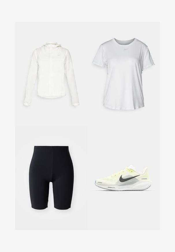 Vit Nike-jacka med huva, hel dragkedja, elastiska ärmslutar och en diskret logotyp på bröstet. Slät textur och lätt design.; Vit T-shirt med kort ärm tillverkad av slätt material, med rund halsringning och en liten grå Nike-logotyp på bröstet.; Svarta tajta shorts i mjukt, stretchigt material. De har en hög midja och en elegant, minimalistisk design utan synliga knäppningar.; Nike löparskor med ett ljusgult och vitt nätövre, grå detaljer och en flexibel gummisul. Har en snörning för stängning.